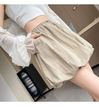 Women's High-Waist Lantern Shorts – Casual Summer Streetwear with Pockets, Relaxed Fit for Students, Youth, and Everyday Wear