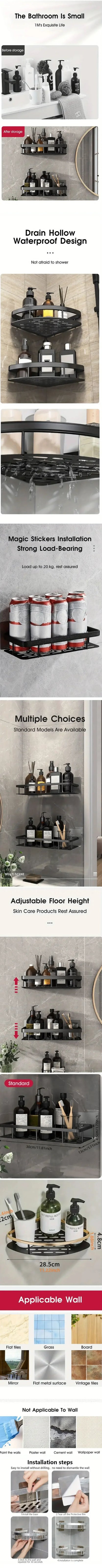 No-Drill Bathroom Corner Shelf – Wall-Mounted Shower Organizer Rack for Toiletries & Essentials