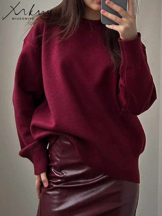 MiuKoMiYa Women’s Oversized Winter Sweater – Vintage Burgundy Pullover with O-Neck, Loose Fit Christmas Knit Top