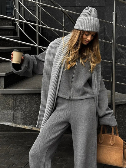 Tornova Women's Elegant Knit Two-Piece Set – Zipper Jacket & Wide-Leg Pants Casual Outfit