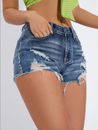 Women's Raw Hem Ripped Denim Shorts – High Waist A-Line Summer Streetwear Hot Pants, Sexy Skinny Retro Casual Style