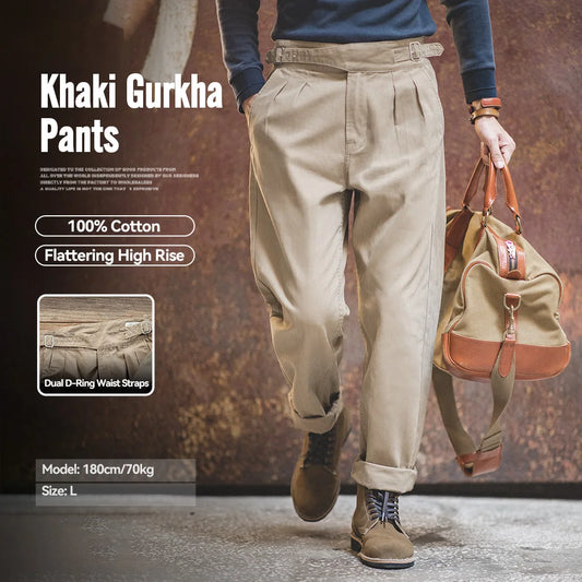 Men’s Classic Straight Vintage Khaki Gurkha Cargo Pants with Adjustable High Waist – Casual Work Trousers for Spring and Fall