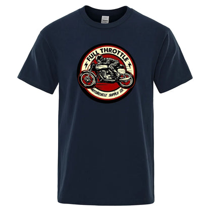 Full Throttle Motorcycle Graphic T-Shirt – Rockabilly Biker Style Cotton Tee for Men, Casual Loose Fit Summer Top