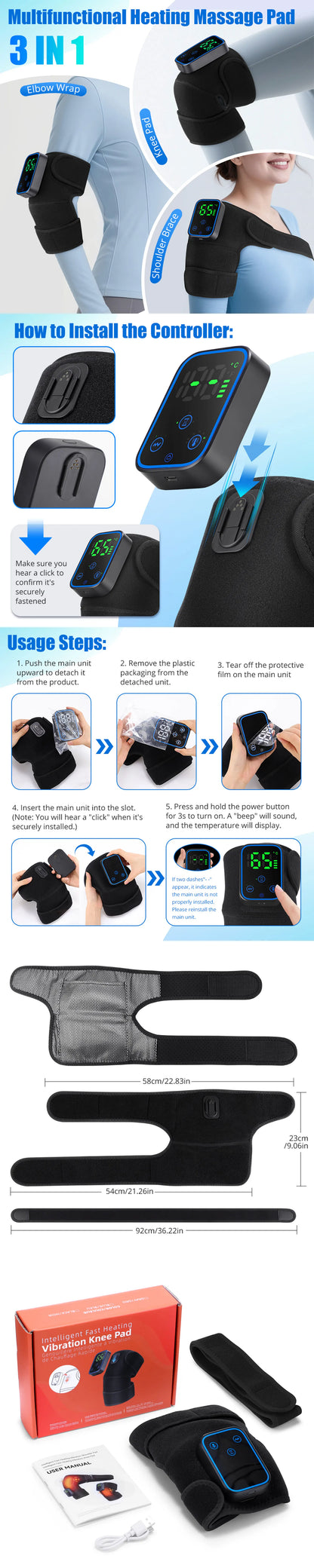 3-in-1 Electric Heated Knee Massager Pad with Vibration – Hot Compress for Shoulder, Elbow & Joint Muscle Relief