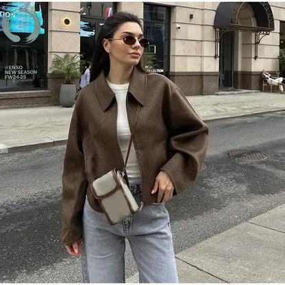Women's Vintage Short Wool Blend Coat – Casual Zipper Jacket with Lapel Collar, Long Sleeves, Cozy Autumn 2024 Streetwear