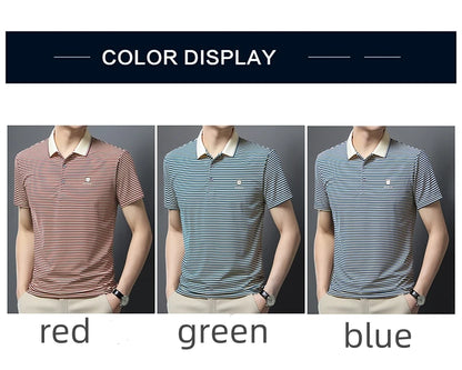 Premium Cotton Men's Summer Polo Shirt – 2024 Soft Short Sleeve Tee with Stripe Accents & Brand Badge Design