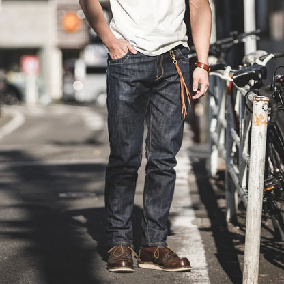Maden 14oz Men's Vintage Selvedge Denim Jeans – Straight Fit with Horsehide Patch & Paris Buckle, Autumn/Winter Style