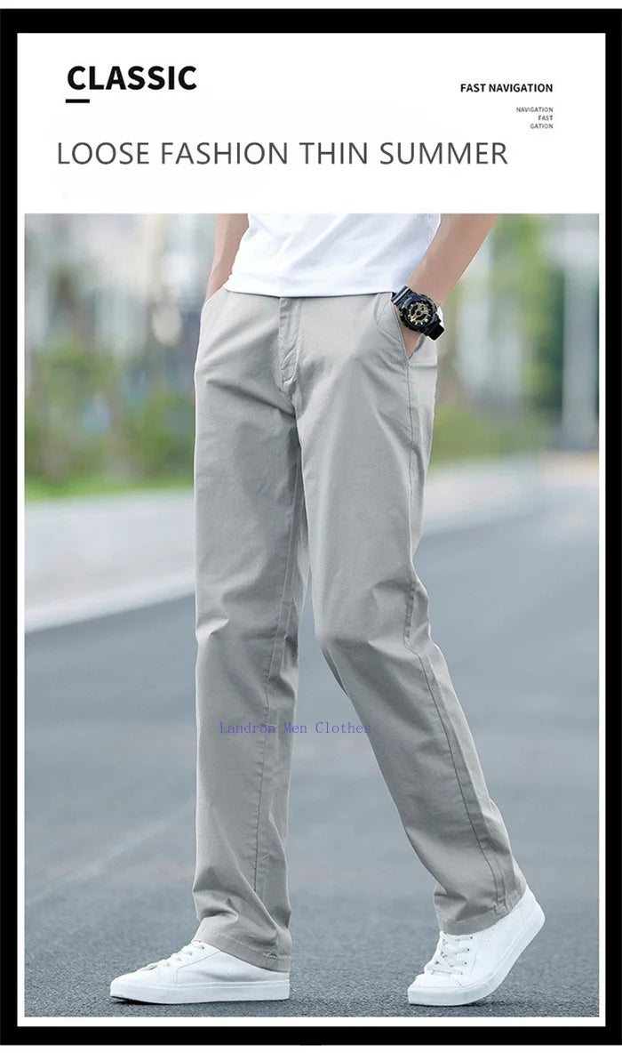 Men's Summer Lightweight Stretch Chino Pants – Loose Fit Cotton Trousers in Khaki, Blue, and Black – Plus Sizes 42 &amp; 44