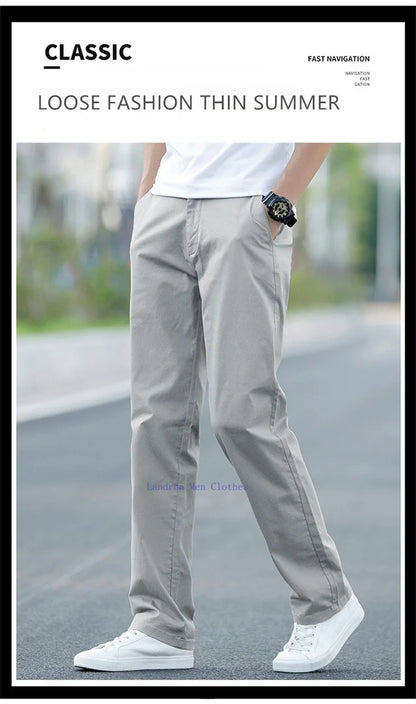 Men's Summer Lightweight Stretch Chino Pants – Loose Fit Cotton Trousers in Khaki, Blue, and Black – Plus Sizes 42 &amp; 44