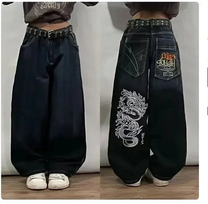 2024 Retro Y2K High-Waisted Straight-Leg Baggy Jeans for Women – Harajuku Street Style Washed Denim with Pockets