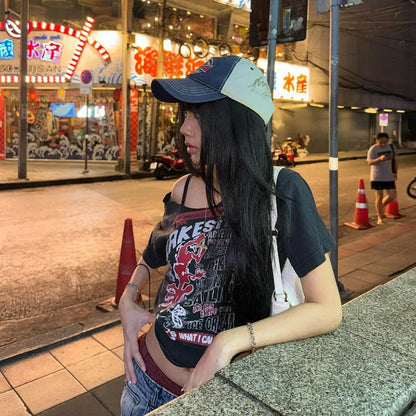 Y2K Off-Shoulder Gothic Crop Tee – Women's Letter Print Punk Streetwear Top, Grunge Aesthetic Harajuku Summer T-Shirt