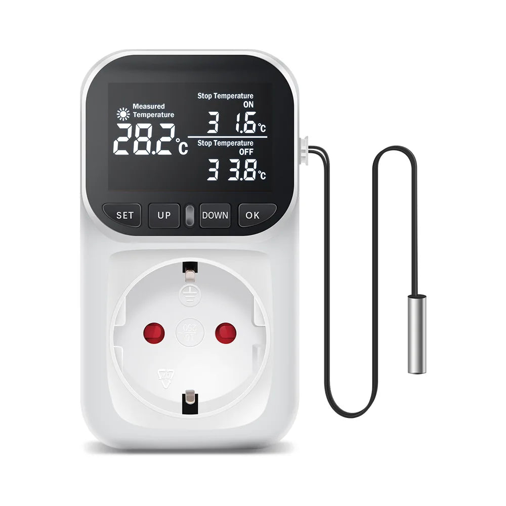 Smart Thermostat Plug with Temperature Control – 16A EU Socket, LCD Display, Timer & Sensor, 220V High-Precision