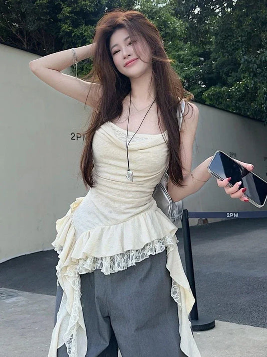 Y2K Aesthetic Lace Patchwork Ruffle Tank Top for Women – Harajuku Streetwear Irregular Pleated Bodycon Camisole