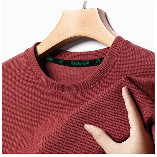 Men’s Summer Casual Waffle O-Neck Short Sleeve T-Shirt – Breathable Solid Color Fashion Tee