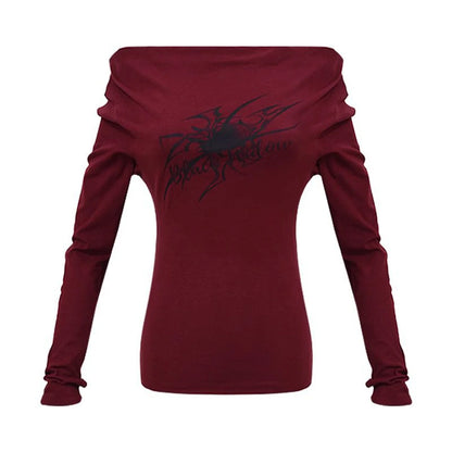Women's Y2K Gothic Grunge Off-Shoulder Long Sleeve Crop Top – Vintage Korean Streetwear Printed T-Shirt