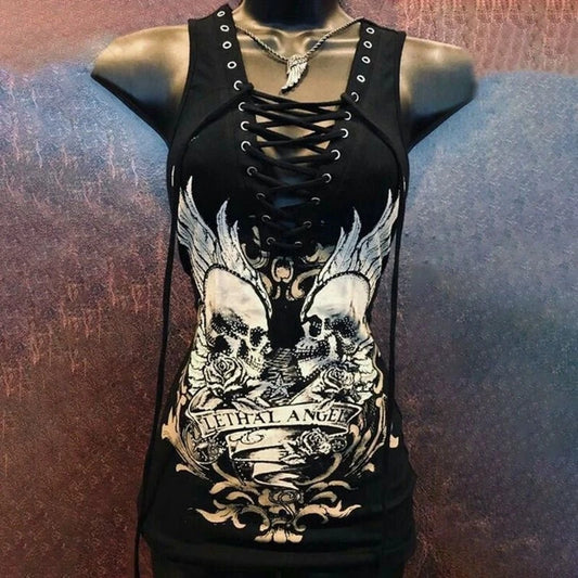Vintage Gothic Skull Print T-Shirt for Women – Y2K Punk Streetwear Style, 90s Inspired Bandage Detail Casual Emo Grunge Top