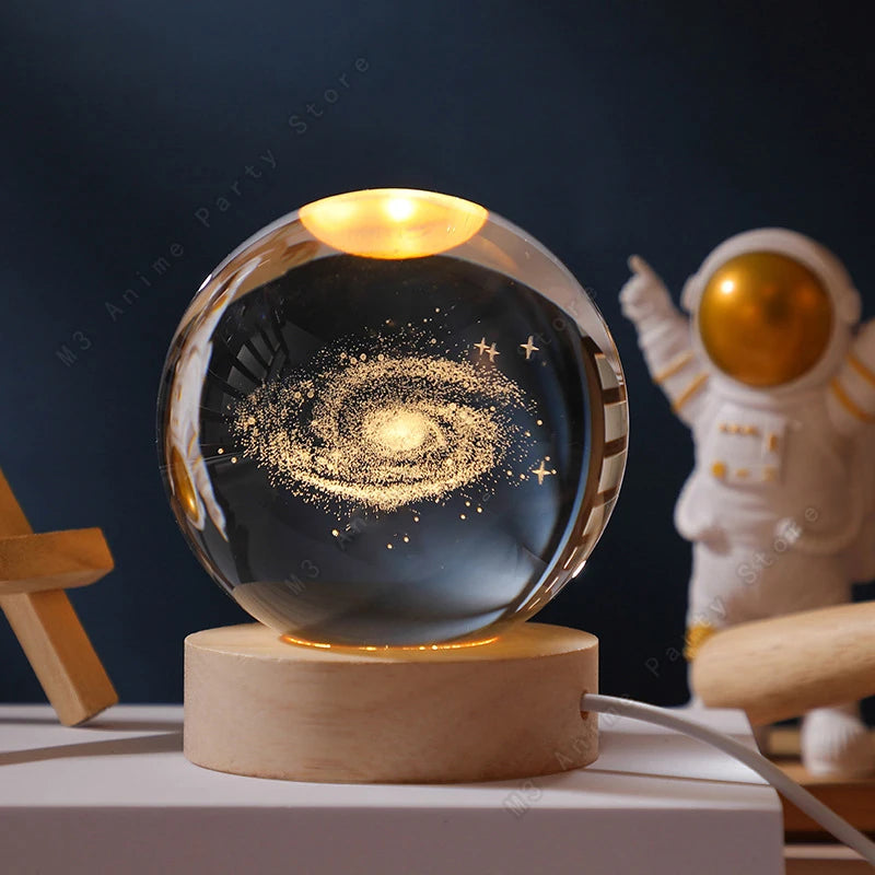 Unique 3D LED Crystal Ball Night Lamp – Glowing Galaxy, Saturn, Moon &amp; Planets Design – Bedside Table Light &amp; Birthday Gift for Kids (5cm)