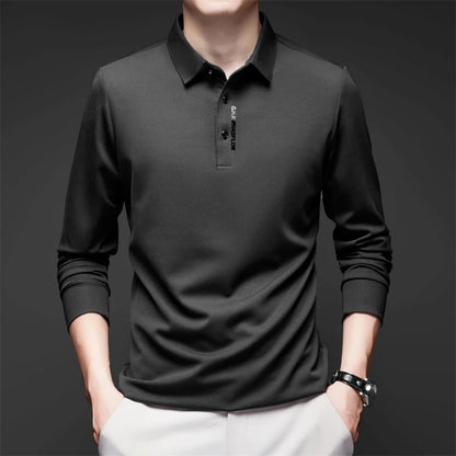 Men's Long Sleeve Polo Shirt – Solid Color, Business Casual, Stylish & Breathable Shirt with Badge Design