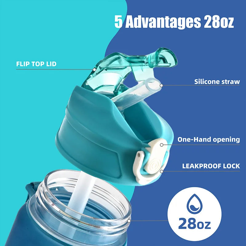 Time-Marked Sports Water Bottle with Straw and Leak-Proof Flip Lock – Portable Hydration Bottle for Outdoor Activities