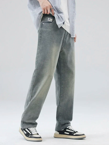 Vintage Men’s Baggy Jeans – Korean Style Starry Sky Fabric, Straight Fit Casual Denim Trousers, High Street Personalized Pants