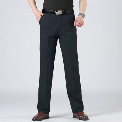 Men's Solid Cotton Straight-Leg Chino Pants – Business Casual Trousers with Belt, Ideal for Autumn &amp; Winter – Classic Formal Style for Adults &amp; Seniors