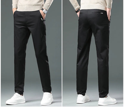 Men’s Classic Straight-Leg Cotton Trousers – 98% Cotton, Breathable Business Casual Pants with Elastic Comfort – Ideal for Spring &amp; Summer