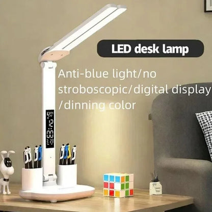 Foldable LED Table Lamp with Touch Dimming, USB Charging, Clock, Temperature Display &amp; Night Light – Ideal for Study &amp; Reading