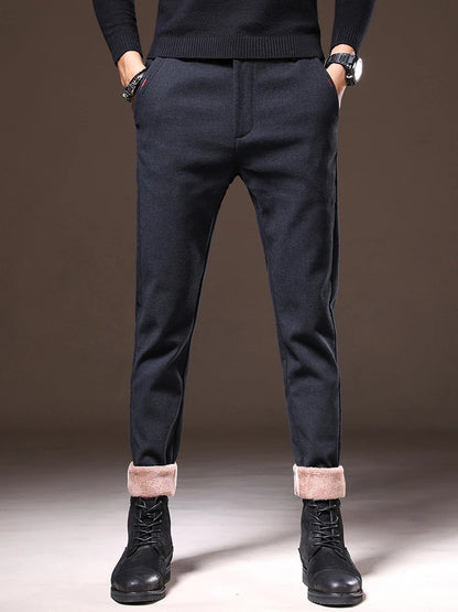 Men's Winter Fleece-Lined Slim Fit Pants – Thick Warm Straight-Leg Casual Business Trousers (Sizes 28-38)