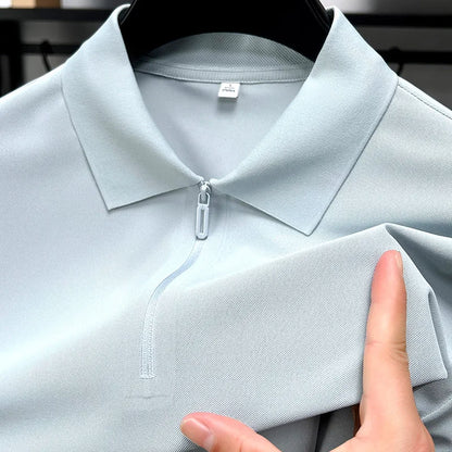 Men’s Slim Fit Half-Zip Polo Shirt – Light Beige Stretch Cotton Casual Top with Classic Collar