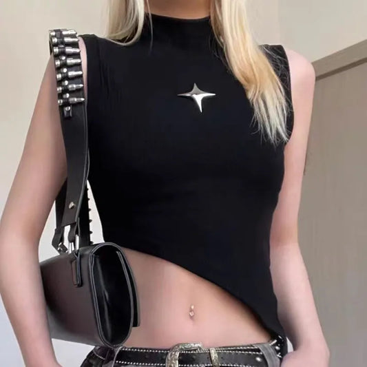 Y2K Style Women's Sleeveless Knit Crop Top – Stretchy Fitted Sweater Vest with High Neck and Asymmetrical Hem, 90s E-Girl Summer Fashion &nbsp;