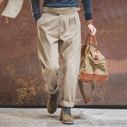 Classic Vintage Khaki Gurkha Pants for Men – Adjustable High Waist Casual Cargo Trousers for Spring and Fall
