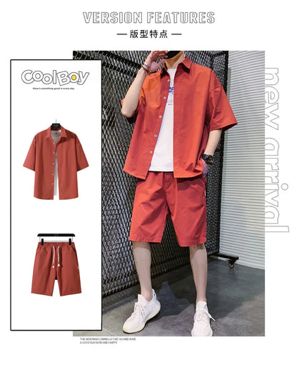 2025 Trendy Korean-Style Men's Summer Outfit – Casual Two-Piece Set Featuring Short Sleeve Shirt &amp; Matching Shorts, Stylish High Street Look for Daily &amp; Streetwear Fashion