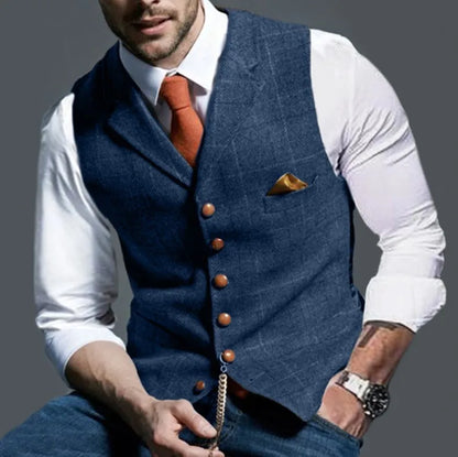 Men's Slim-Fit Plaid Suit Vest – Single-Breasted Casual Waistcoat for Spring & Autumn | European & American Commuter Style