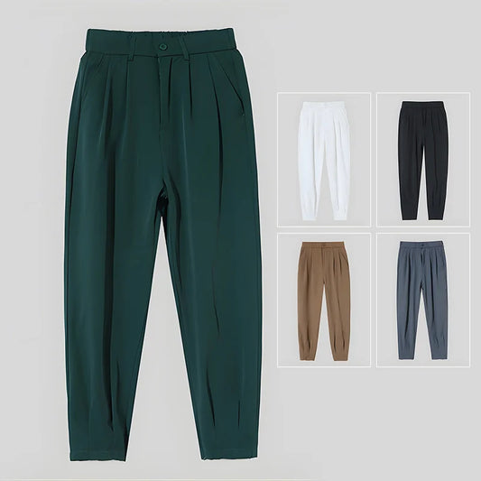 Men’s Spring & Summer Casual Solid Color Ice Silk Trousers — Korean Style Slim Ankle Pants with Zipper Detail, Smooth & Lightweight for a Handsome Look