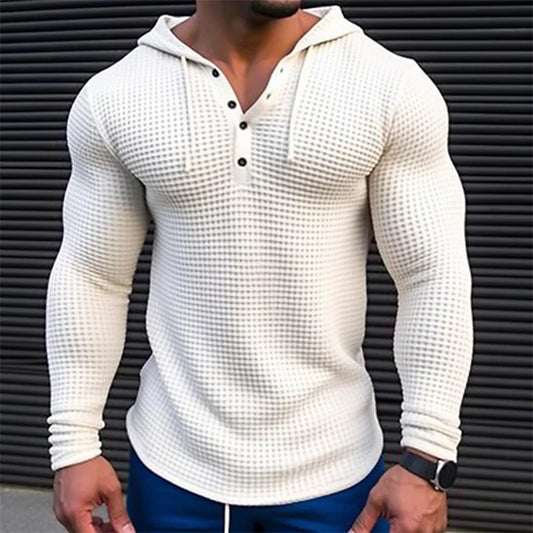 Men's Slim Fit Waffle Knit Long Sleeve Pullover – Solid Color Casual Streetwear Top, Comfortable Outdoor T-Shirt (Sizes M-3XL)