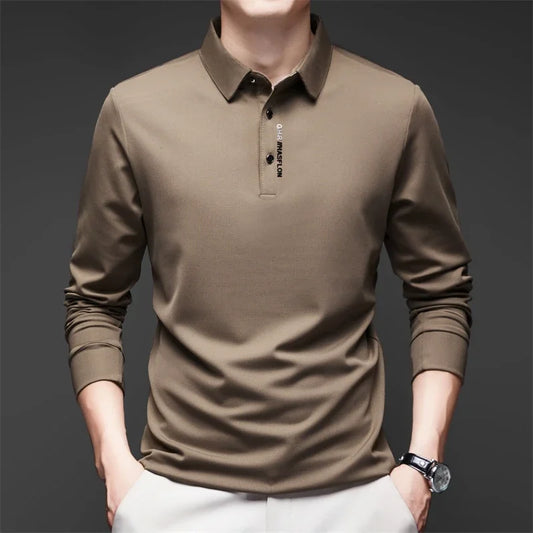 Men's Long Sleeve Polo Shirt – Solid Color, Business Casual, Stylish & Breathable Shirt with Badge Design