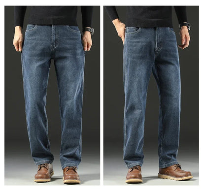 2025 Spring Men's High-Waist Spliced Washed Denim Jeans – Loose Straight Fit Stretch Cotton Blend Casual Brand Trousers &nbsp;