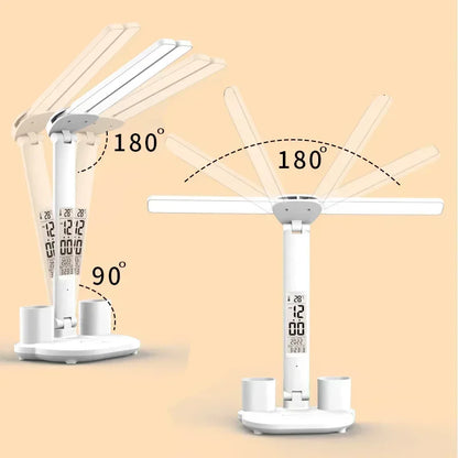 Foldable LED Table Lamp with Touch Dimming, USB Charging, Clock, Temperature Display &amp; Night Light – Ideal for Study &amp; Reading