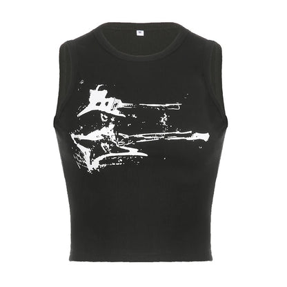 Y2K Ribbed Sleeveless Crop Tank Top for Women – Guitar Print Grunge Harajuku 90s Streetwear Casual Vest Tee
