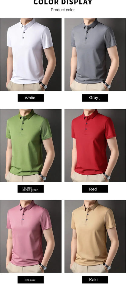 Luxury Summer Men’s Polo Shirt – Premium Plain Design with 4.7% Mulberry Silk, Short Sleeve, Lightweight Casual Fashion Top