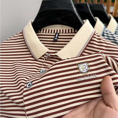 Premium Cotton Men's Summer Polo Shirt – 2024 Soft Short Sleeve Tee with Stripe Accents & Brand Badge Design