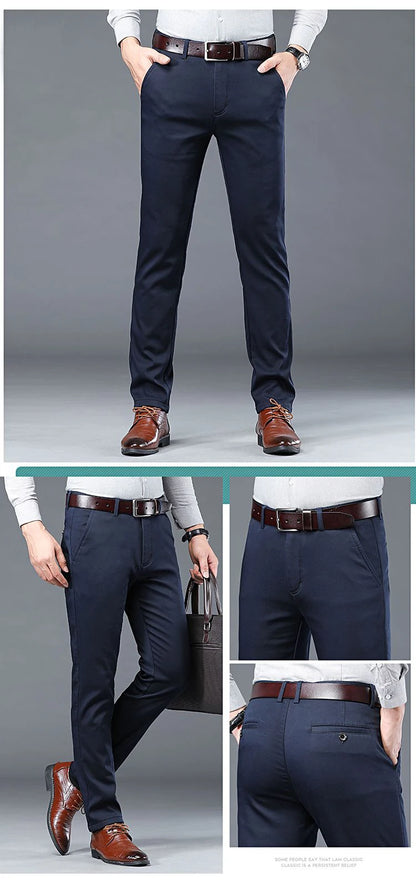 Men's Lightweight Summer Slim-Fit Suit Trousers – Business Casual Cotton Pants in Green, Black, and Khaki (Sizes 30–40)