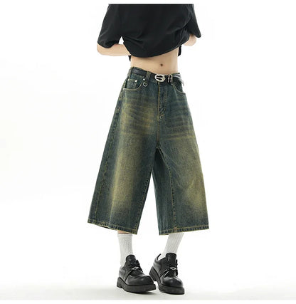 Men's Baggy Denim Shorts – Retro Y2K Casual Wide-Leg Calf-Length Jeans for Summer Streetwear