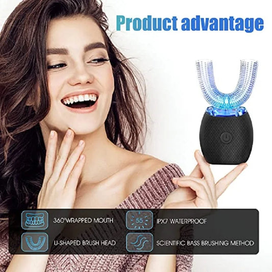 360° U-Shaped Sonic Electric Toothbrush – Hands-Free Silicone Auto Brush with Blue Light Whitening Technology