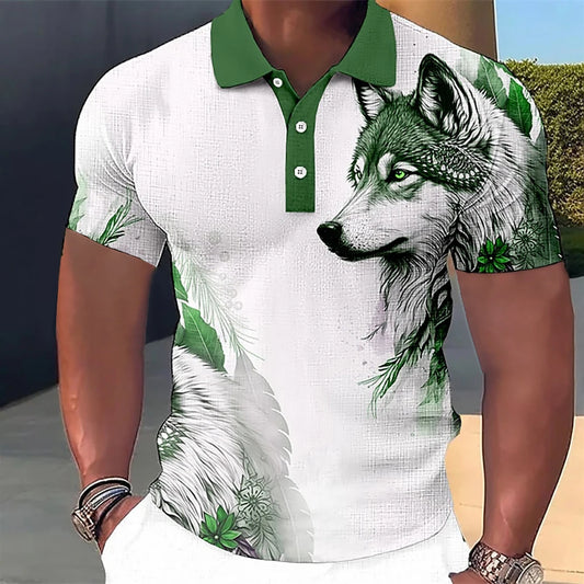 Men’s Polo Shirt with 3D Wolf & Eagle Print – High-Quality Summer Casual Loose Fit Short Sleeve Tee