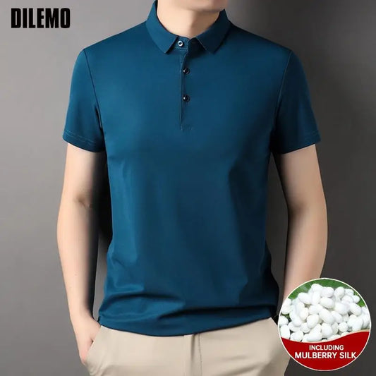 Luxury Summer Men’s Polo Shirt – Premium Plain Design with 4.7% Mulberry Silk, Short Sleeve, Lightweight Casual Fashion Top
