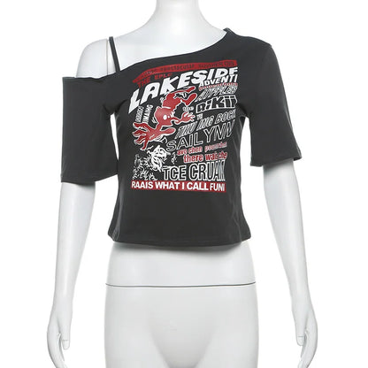 Y2K Off-Shoulder Gothic Crop Tee – Women's Letter Print Punk Streetwear Top, Grunge Aesthetic Harajuku Summer T-Shirt