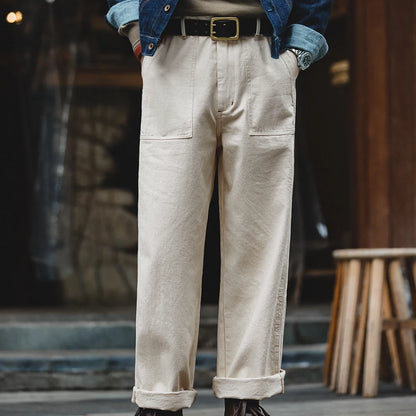 Maden Men's 11.2oz Retro White Cotton Denim Jeans – Loose Straight Fit Casual Long Pants, Streetwear-Inspired Cargo Sweatpants
