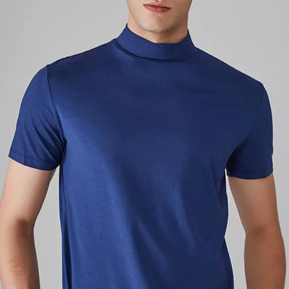Slim Fit Men’s Half-Turtleneck T-Shirt – Casual Summer Short Sleeve, Solid Color, Elastic and Lightweight Pullover Tee