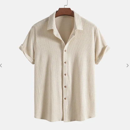 Lightweight Summer Men’s Casual Short Sleeve Solid Color Single-Breasted Loose Beach Shirt
